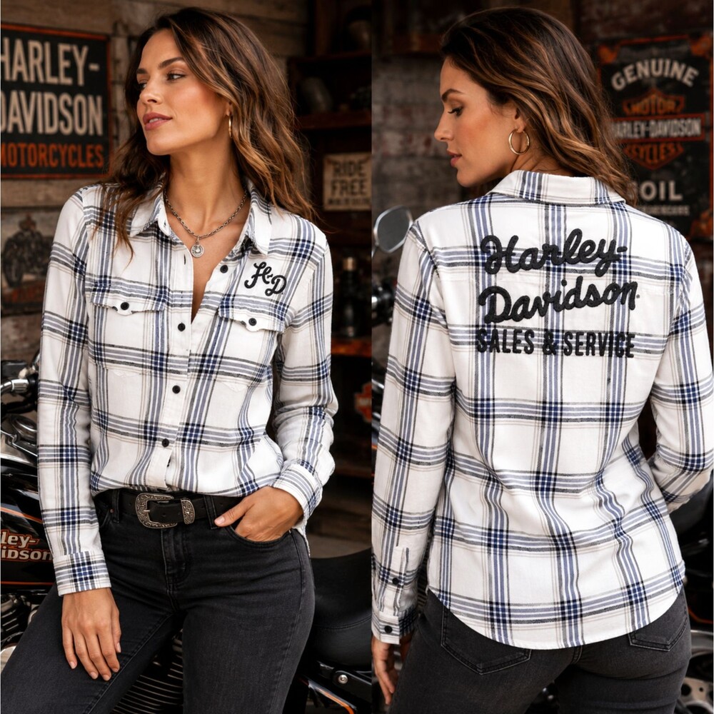 Harley Davidson Plaid Button Shirt M Embroidered Logo LS Racer Sales Services